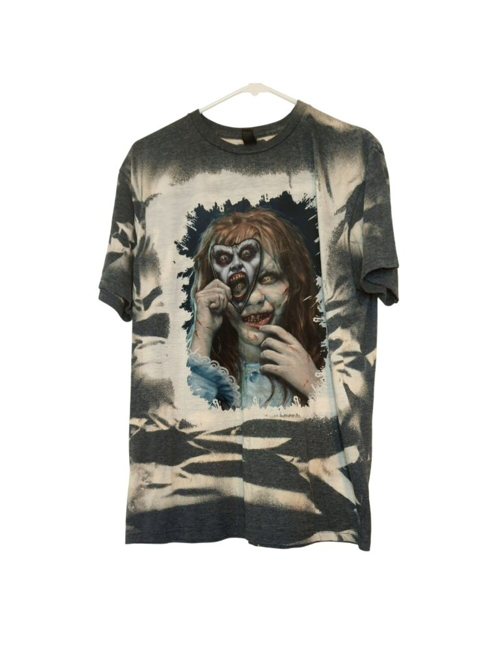 The Exorcist Horror Graphic Shirt Gray Bleach Dye Gildan Large Fan Art Creepy